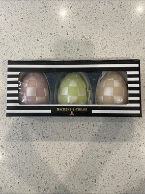MacKenzie-Childs Pastel Checkered Egg Trio - Pink, Green, Cream candles.